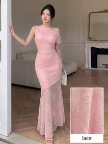 Modelyn 女款優雅蕾絲不對稱肩修身拼接不對稱蕾絲下擺A字洋裝 - 粉色 - 查看 2