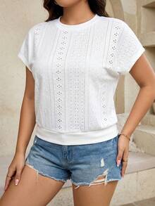 SHEIN LUNE Plus Size Summer Casual Elegant Solid Color Textured T-Shirt Formal White Dinner Office - Multicolor - View 4