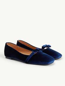 CUCCOO CHICEST Navy Blue Velvet Mary Jane Shoes For Women, French Retro Square Toe Flats, Soft-Soled Ballet Shoes - Blue - View 2