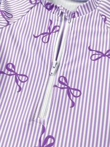 SHEIN Traje de baño de una pieza con volantes y lazo a rayas para bebé niña recién nacida - Púrpura malva - Ver 3