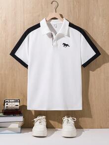 SHEIN 兒童青少年男孩休閒對比色拼接羅紋領短袖 Polo T恤，基礎上衣，白色 Polo，Y2K 風格上衣，適合春/夏，外出、情人節、約會、旅行、度假、家庭聚會、返校、婚禮、正式場合、運動、派對 - 黑與白 - 查看 3