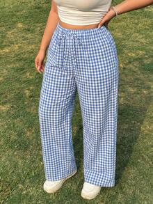 SHEIN EZwear 浅蓝色加大码休闲格子松紧腰宽松裤 - 淺藍色 - 查看 1