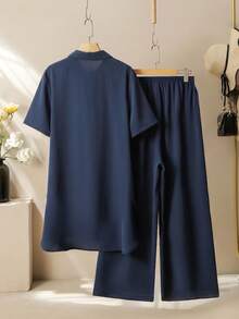 Lacomfia Women's Short Sleeve Heavy Hand-Beaded Blouse And Wide Leg Pants Elegant Comfortable Versatile Plus Size 2 Pieces Set - Navy Blue - View 2