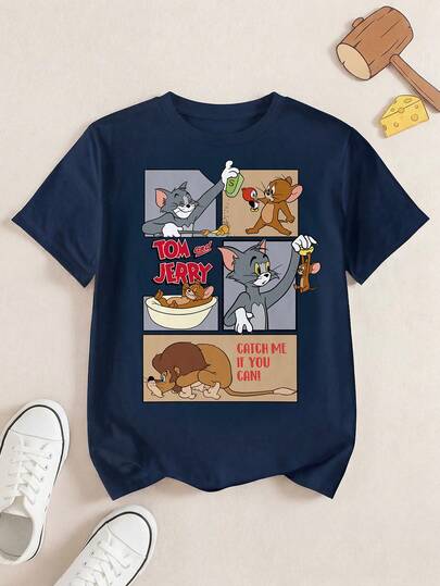 TOM & JERRY X SHEIN חולצת טי קז'ואל עם הדפס קריקטורה, צווארון עגול ושרוול קצר לבנים בגיל ההתבגרות