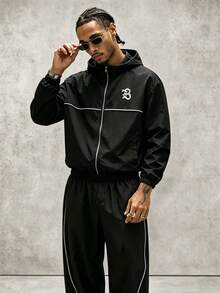 PAVTROS Men's Letter Print Hooded Zip-Up Jacket And Contrast Trim Pants Set,2 Piece White And Black,Autumn,Streetwear,Holiday Tracksuit Set Jogging Suits - Black - View 5