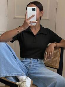 Livesso 女士宽松商务休闲优雅短袖Polo衫，适合春夏秋季穿着，办公/通勤皆宜。 - 黑色 - 查看 5