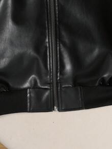 SHEIN Teen Girl PU Leather Casual Street Style Baseball Jacket , Fall/Winter - Black - View 5