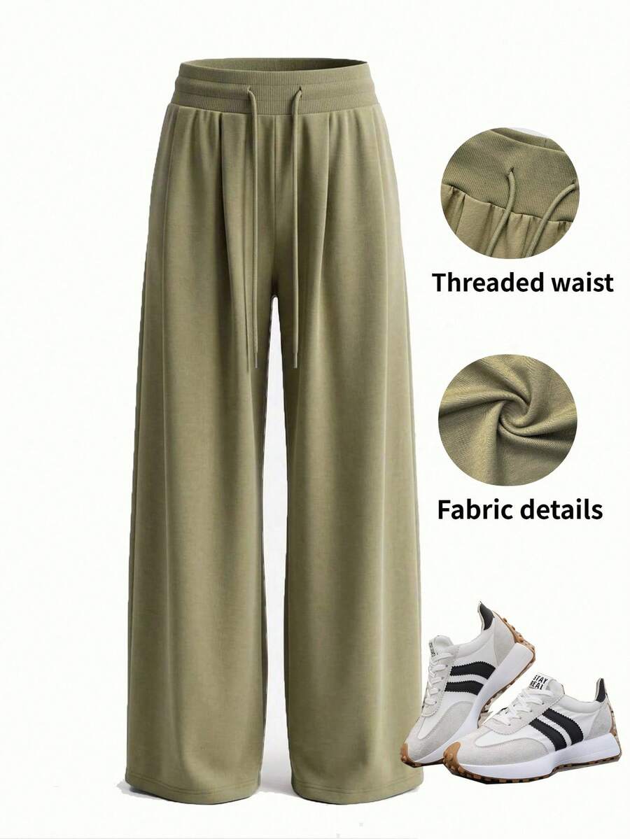 Gownix Ribbed Elastic Waist Drawstring Tie Wide Leg Sweatpants, Comfortable Casual For Daily Wear Loungewear Khaki Autumn Daily - Hunter Green - View 1