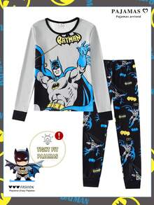 BATMAN X SHEIN 青少年男孩卡通印花長袖上衣與長褲套裝，舒適修身，適合居家與戶外穿著，百搭 - 灰色 - 查看 4