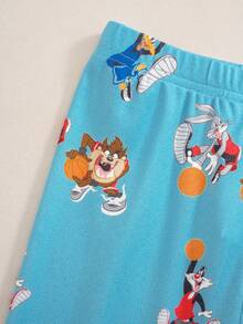 LOONEY TUNES X SHEIN 小男孩卡通圖案條紋印花圓領短袖上衣與長褲居家服套裝 - 黃色 - 查看 6