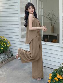 DAZY Women's Summer Casual Vacation Mocha Brown Two Pieces Sets Solid Color Front Short Back Long Jumpsuit With Wide Leg Pants Set Lounge Short Sets - Khaki - View 6