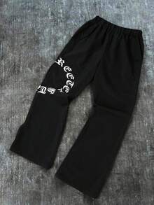 SHEIN Kids Teen Boy Street-Style Gothic Letter Print Cargo Pants Back To School/School Clothes Fall Teens Suitable For The Fall Back-To-School Season - Black - View 5