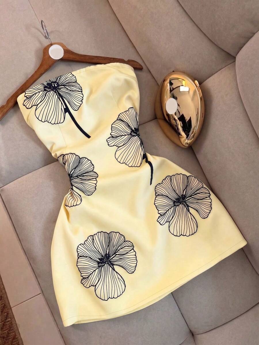 Resyla Women's Floral Print Ruched Bandeau Dress - Yellow - View 1