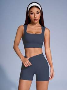 SHEIN Sovereign Charm 女款素色羅紋運動背心與短褲套裝 - Iron Gray - 查看 4