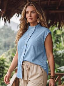SHEIN LUNE CURVE 休閒度假日常通勤大尺碼女款單排扣襯衫 - 藍色 - 查看 4
