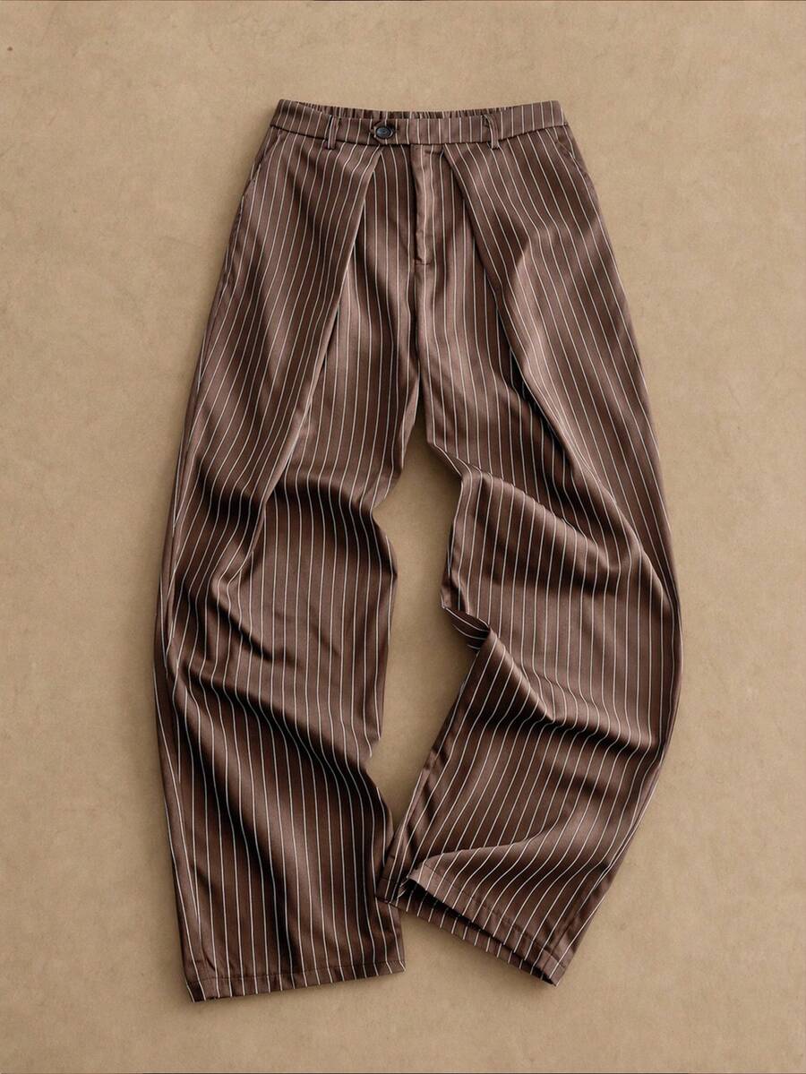 HIMLAND Men's Striped Pleated Casual Versatile Daily Wear Long Pants - Coffee Brown - View 1