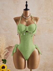 Bellisia 26SS Spring/Summer Vacation Apricot Vintage Square Neck Slimming Braided Rope Starfish Shell Halter One-Piece Swimsuit With Matching Skirt 2 Pieces Set - Green - View 5