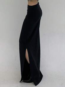 DAZY Women's Solid Color High Slit Skirt - Black - View 5