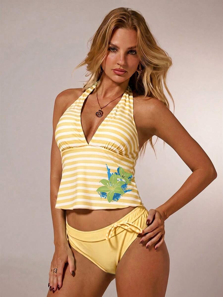 SHEIN Forever 21 Ținute de vacanță la plajă, costume de baie din două piese pentru femei, haine de vacanță pentru femei, un set de costume de baie din două piese, cu dungi verzi, blocante de culoare - Lumină galbenă - Vizualizare 1