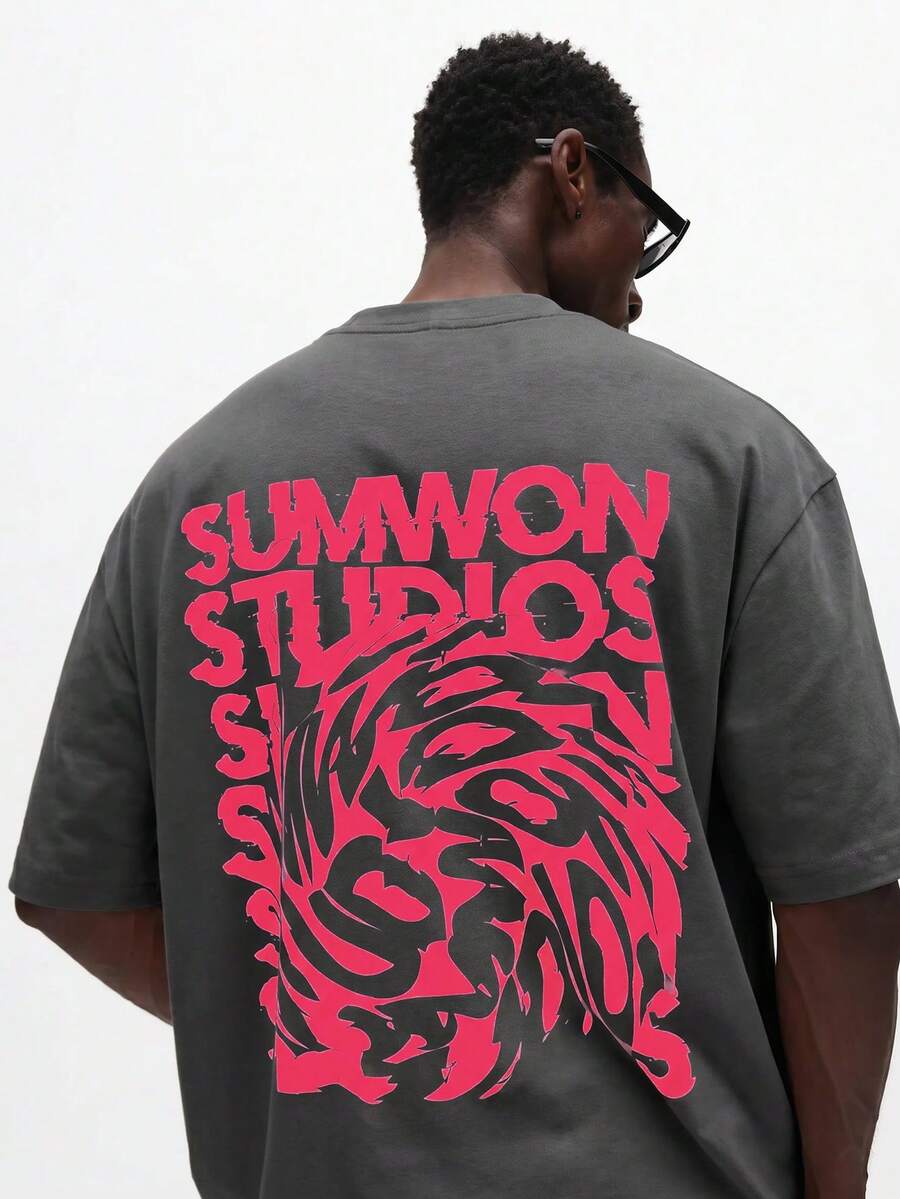 SUMWON Regular Studios Oversized Graphic Print Crew Neck Short Sleeve T-Shirt With Bold Back Logo Print - Dark Grey - View 1