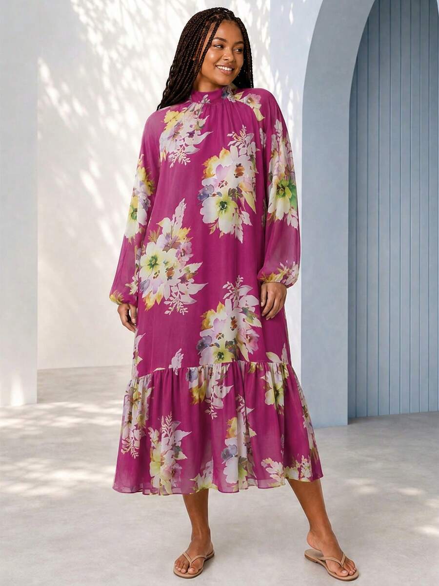 ELLERISSA Vestido midi de talla grande con cuello alto, mangas raglán, cintura caída y estampado floral magenta - Multicolor - Ver 1