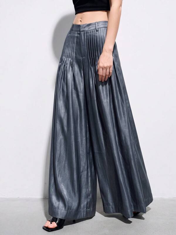 Aveloria Modichic Autumn/Winter Gray-Blue Shiny Faux Linen Fabric Pleated Accordion Design Loose Fit Versatile Cinched Waist Long Trousers Elegant French Style Commute Casual Vacation Retro Women's Long Wide Leg Pants