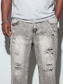 Plus Size Men's Fashionable Distressed Slant Pocket Washed Denim Jeans - Grey - View 7