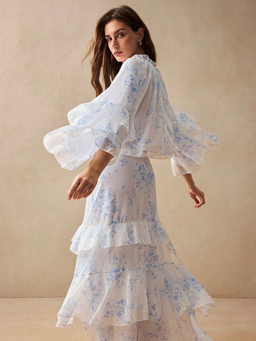 Willow Rêve 女款藍色花卉圖案荷葉邊上衣與長裙兩件套,波西米亞風,浪漫度假風,情人節 - 藍白色 - 查看 1