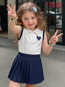 Elladie kids 1件隨機款女款大學風 Polo 領無袖針織 T 恤百褶裙套裝，返校穿搭，夏季服飾 - 彩色 - 查看 4