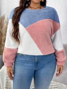 SHEIN LUNE Plus Size Plush Patchwork Contrast Color Crew Neck Pullover Sweatshirt Winter - Multicolor - View 5
