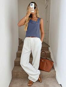 SHEIN LUNE Casual Solid Color Asymmetric Collar Sleeveless Shirt - Blue - View 4