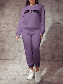 SHEIN SXY Sudadera con gráfico de letras y hombros caídos, tops de manga larga para otoño/invierno - Morado - Ver 4