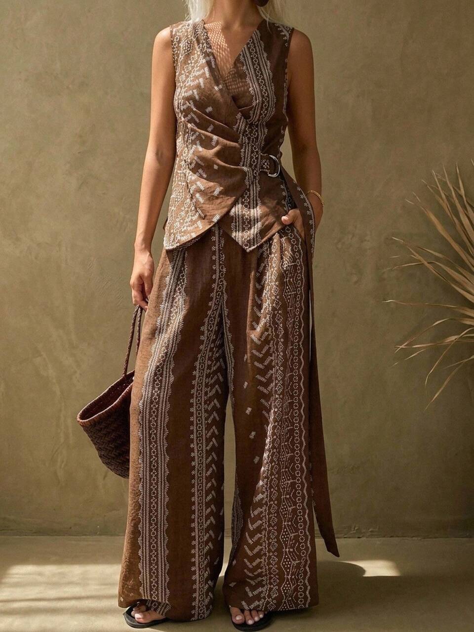Summer Elegant Elegant Women's Fashion V-Neck Tie Waist Vest Top And High Waist Wide Leg Pants 2-Piece Set
