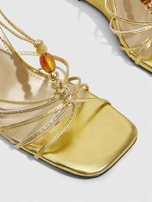 CUCCOO SZL Ladies Fashion Elegant Party, Thick Heel Wedge, Square Toe Kink, Lace-Up Beaded Sandals - Gold - View 4