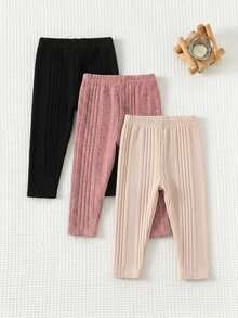 SHEIN 女嬰可愛休閒百搭極簡純色鬆緊腰長褲三件套 - 彩色 - 查看 5