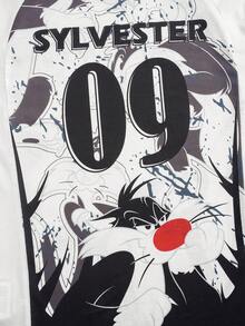 LOONEY TUNES X SHEIN Men's Cartoon Print Contrast Color Crew Neck Short Sleeve T-Shirt - White - View 4