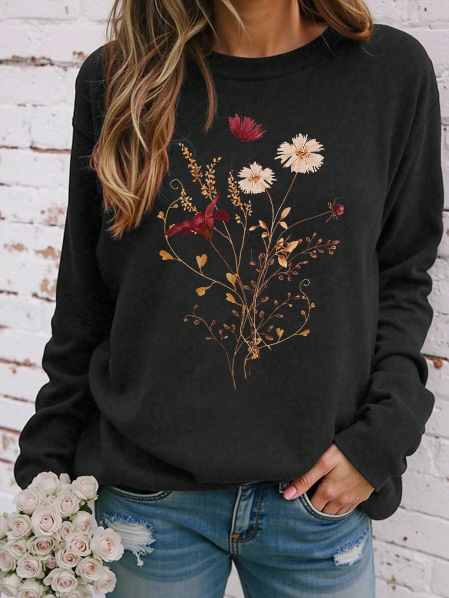 EMERY ROSE Camiseta de manga larga de estilo casual y gran tamaño con estampado de bordado de flores secas de estilo artístico - Negro - Ver 1
