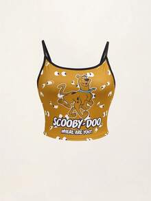 SCOOBY-DOO X SHEIN 女款字母卡通印花撞色細肩帶背心與三角內褲休閒日常內衣套裝 - 棕色 - 查看 3
