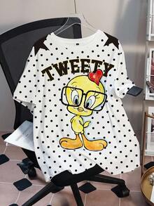 LOONEY TUNES X SHEIN Plus Size Women's Letter Cartoon Print Polka Dot Casual Everyday T-Shirt - White - View 6