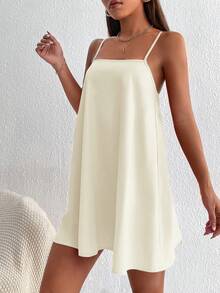 SHEIN PETITE 夏季休閒純色細肩帶迷你洋裝，波希米亞風，適合嬌小女性 - 杏色 - 查看 4