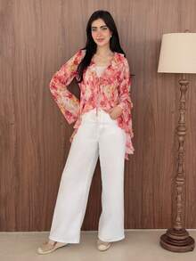 Yasmeen Edit Yasmeen Edit 女士荷叶边系带喇叭袖印花雪纺衬衫 - 彩色 - 查看 3