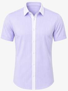 Manfinity Mode Men's Business Casual Light Color Striped & Solid Color Patchwork Short Sleeve Shirt - Mauve Purple - View 3