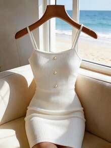 SHEIN PariChic Sexy Romantic Ribbed Slim Fit Waist Pearl Button Decor Party Office Professional Vacation Women's Evening Dress - White - View 3