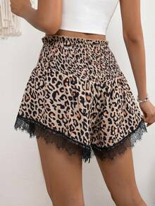 SHEIN Holidaya Falda pantalón de moda para mujer con estampado de leopardo, volantes, lazo en la cintura, cierre delantero y encaje en contraste - Multicolor - Ver 2