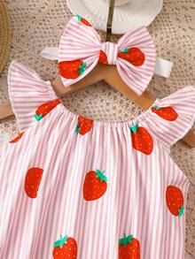 SHEIN Vintaside Kids Bodysuit Bayi Perempuan Baru Lahir 2 Potong Motif Stroberi Lengan Bergelombang Gaya Musim Panas - Berwarna merah muda - View 8