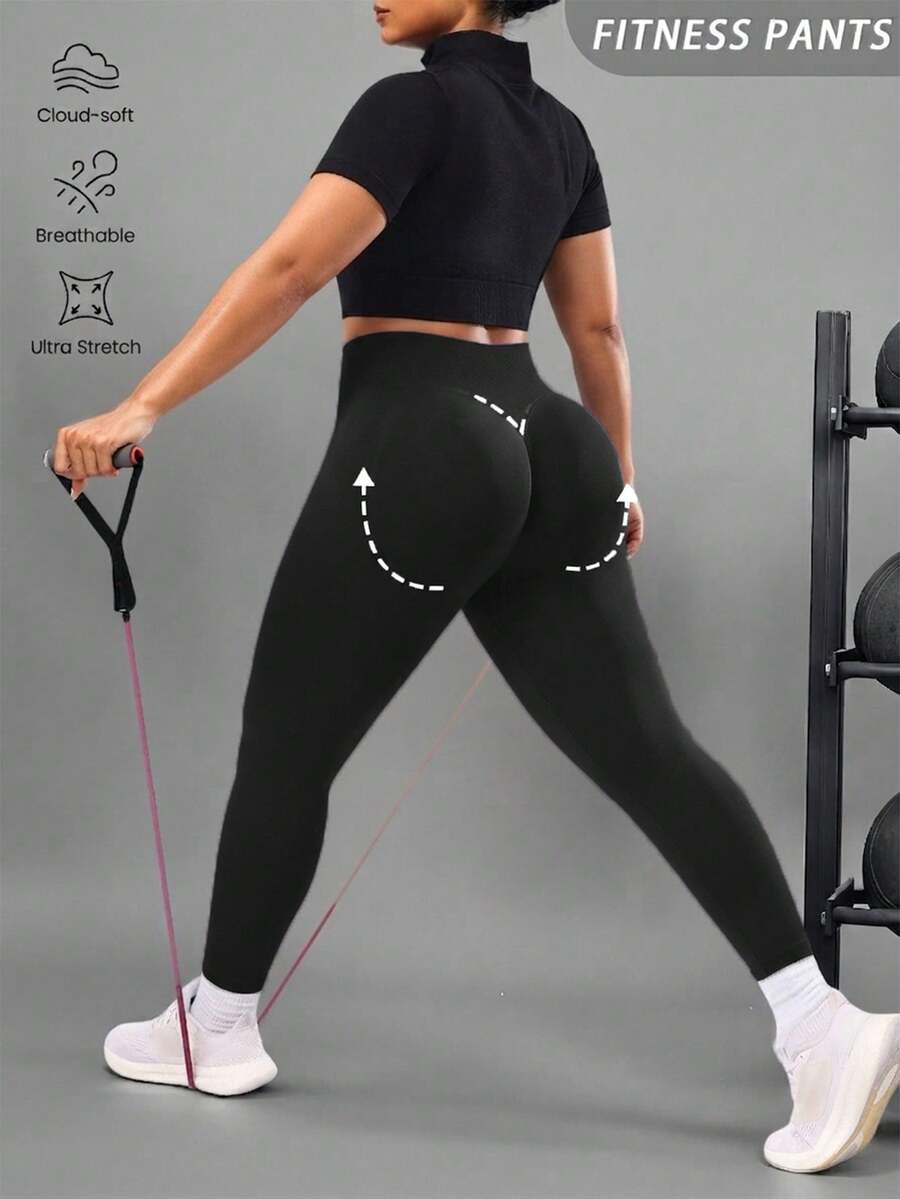 Solea Cove Seamless High Elasticity Plus Size Women's Sports Leggings - Black - View 1