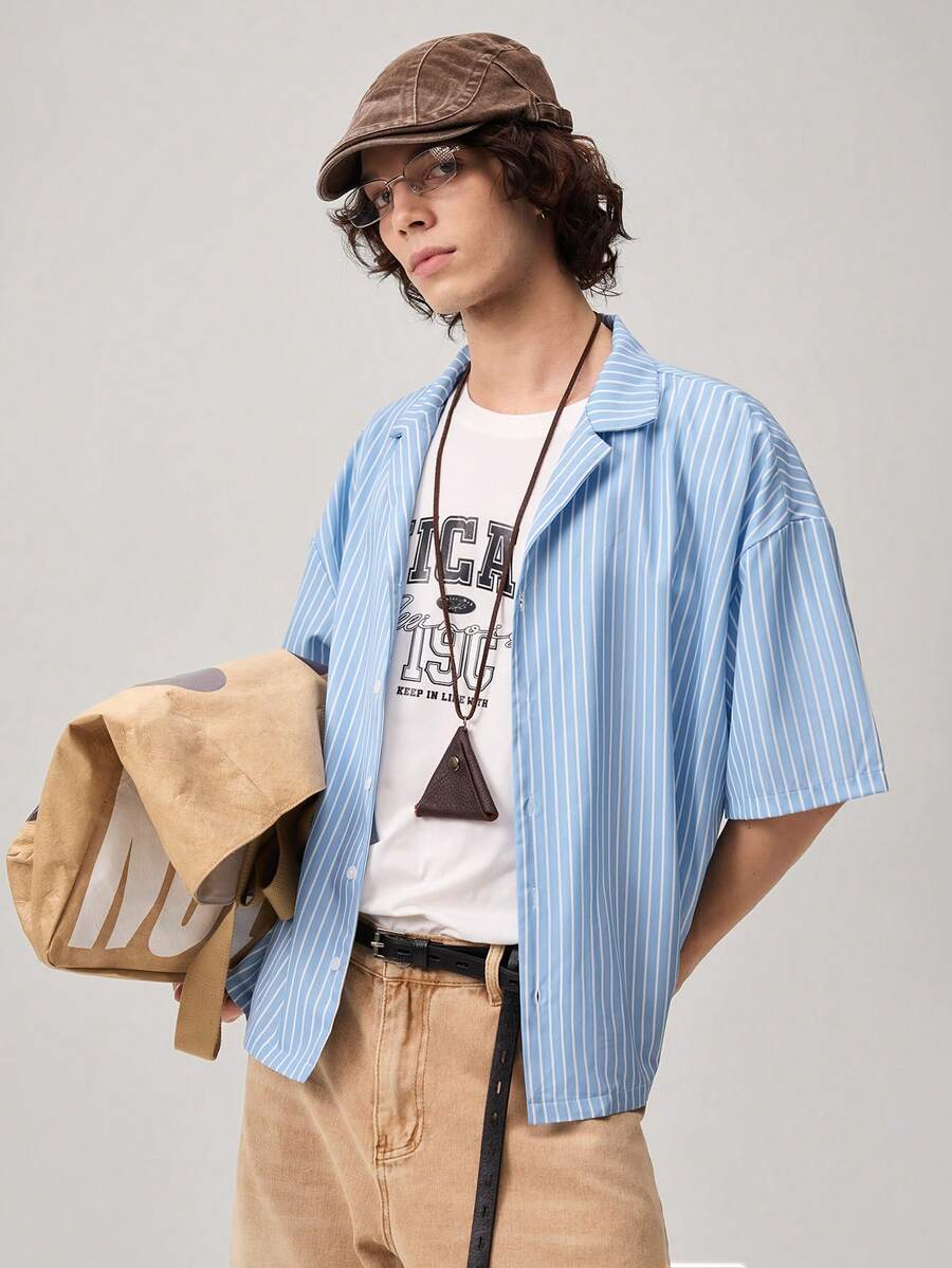 Men's Striped Minimalist Casual Long Sleeve Shirt - Blue - View 1