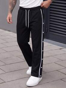 Manfinity CasualCool 男士黑色側邊雙排扣開衩抽繩彈性腰休閒長褲 - 黑色 - 查看 4