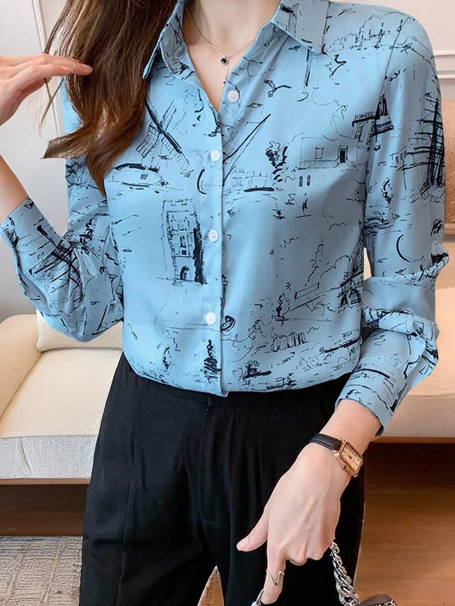SHEIN LUNE 女款全印花單排扣休閒百搭日常穿著襯衫 - 彩色 - 查看 1