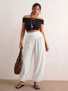 Freevana Pantalones de Linterna de unicolor Casual y Versátil Talla Grande - Blanco - Ver 5